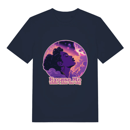 Navy Excuse Me While I Kiss The Sky funny graphic t-shirt showing bold Hendrix-inspired graphic  