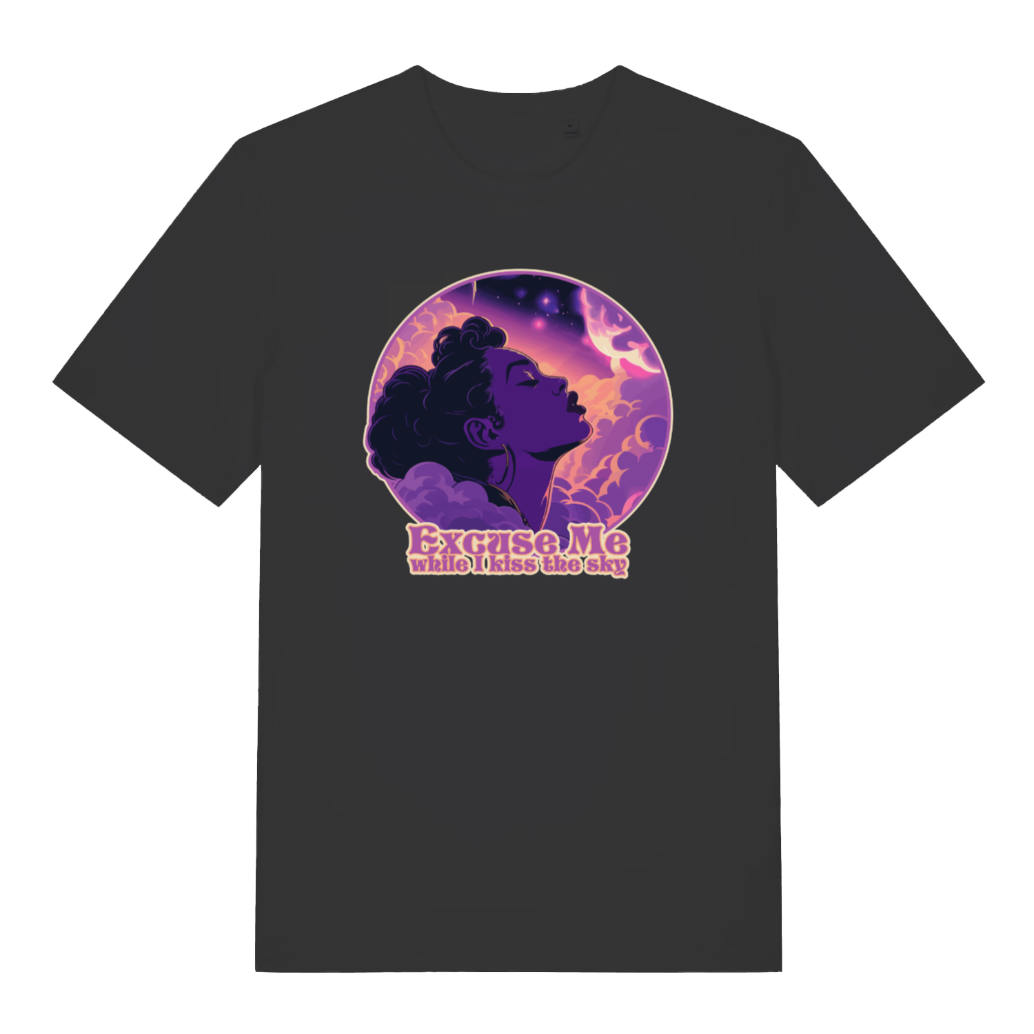 black music t-shirt with a purple graphic of a woman's profile and 'Excuse Me while I kiss the sky' 