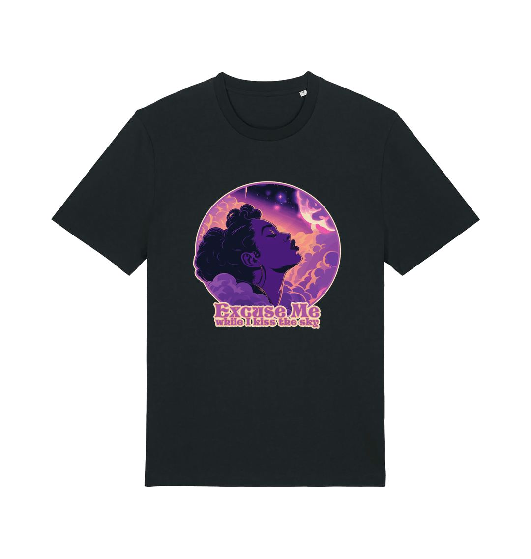 Black music t-shirt with a purple graphic of a woman's profile and the slogan 'excuse me while i kiss the sky'