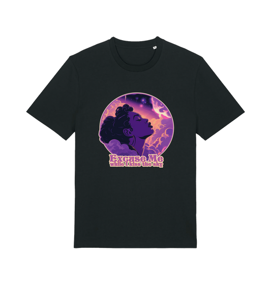 Black music t-shirt with a purple graphic of a woman's profile and the slogan 'excuse me while i kiss the sky'