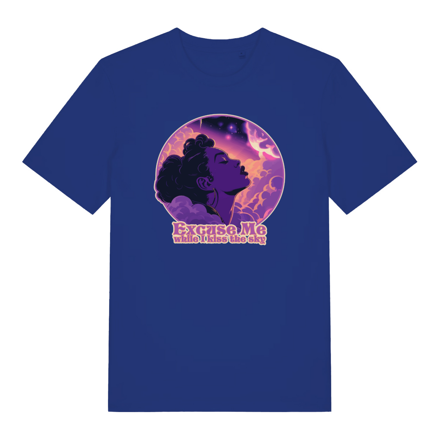blue music t-shirt with a purple graphic of a woman's profile and 'Excuse Me while I kiss the sky' 