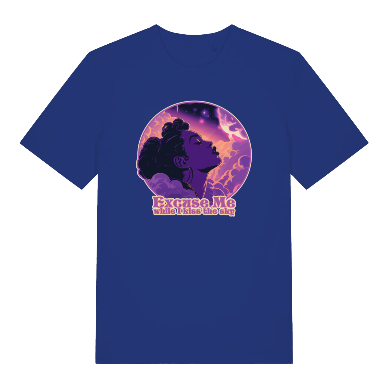 blue music t-shirt with a purple graphic of a woman's profile and 'Excuse Me while I kiss the sky' 
