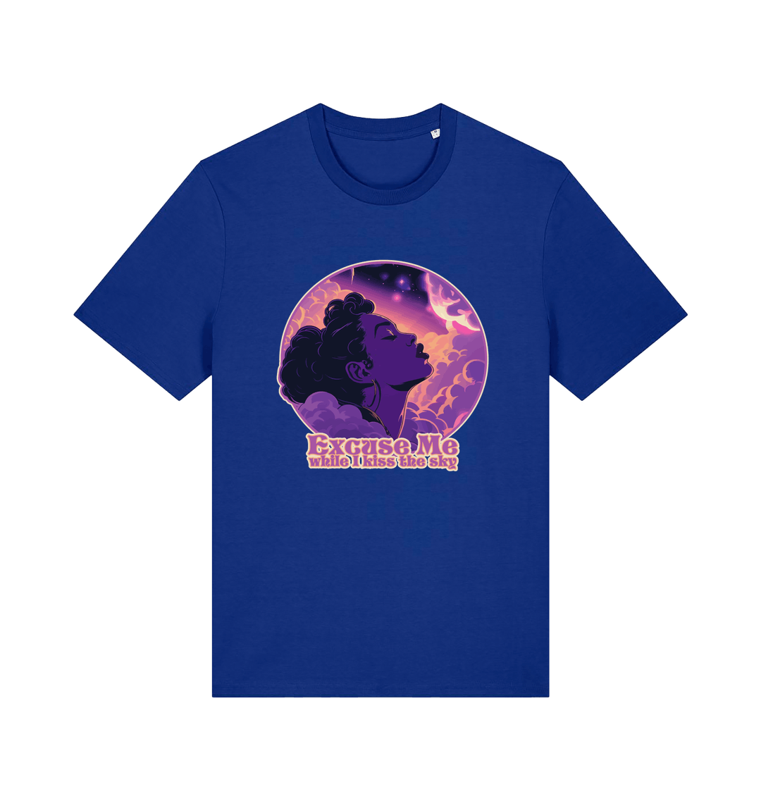 blue music t-shirt with a purple graphic of a woman's profile and the slogan 'excuse me while i kiss the sky'