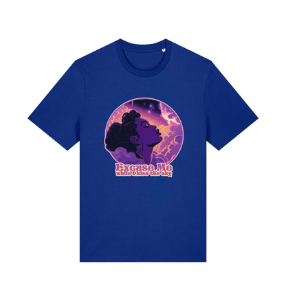 blue music t-shirt with a purple graphic of a woman's profile and the slogan 'excuse me while i kiss the sky'