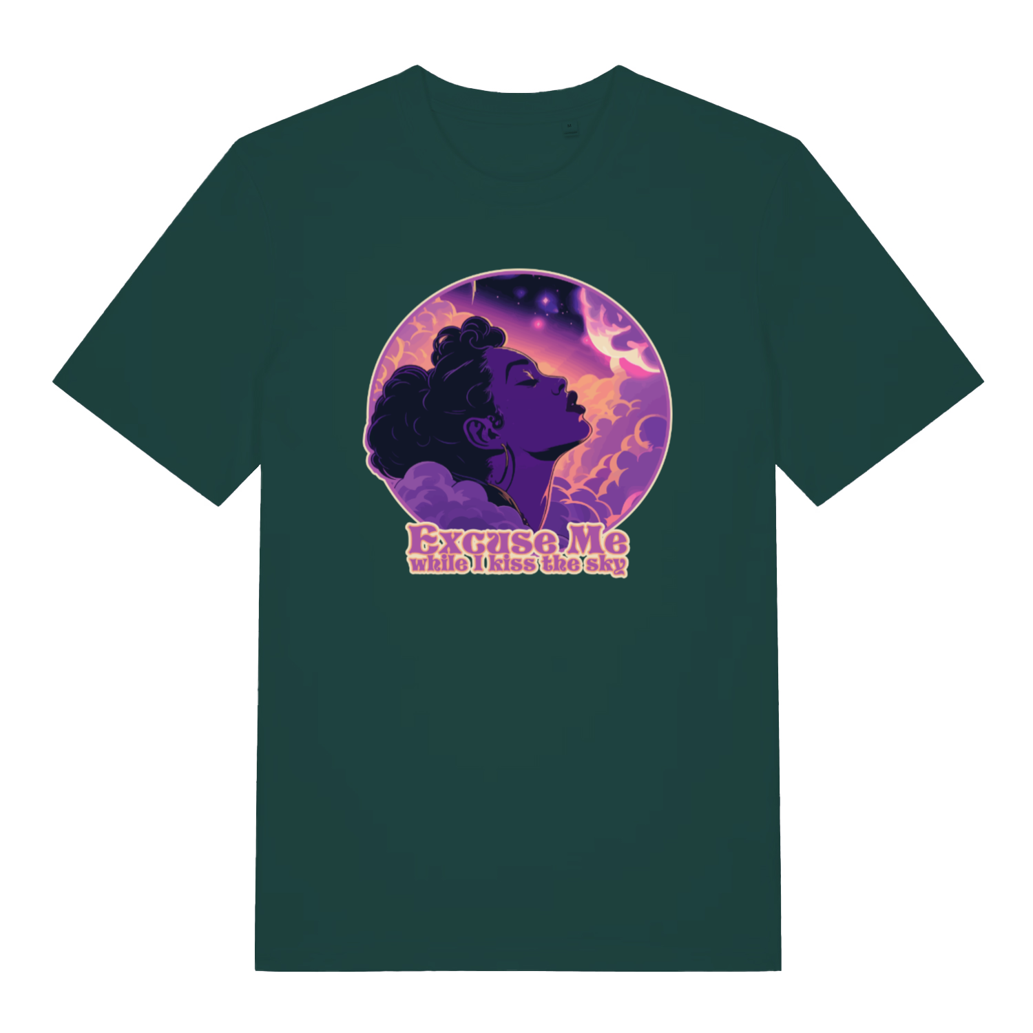 green music t-shirt with a purple graphic of a woman's profile and 'Excuse Me while I kiss the sky' 