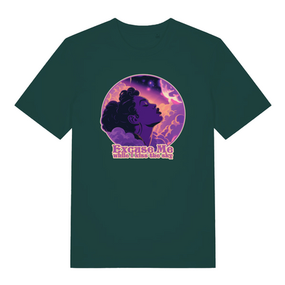 green music t-shirt with a purple graphic of a woman's profile and 'Excuse Me while I kiss the sky' 
