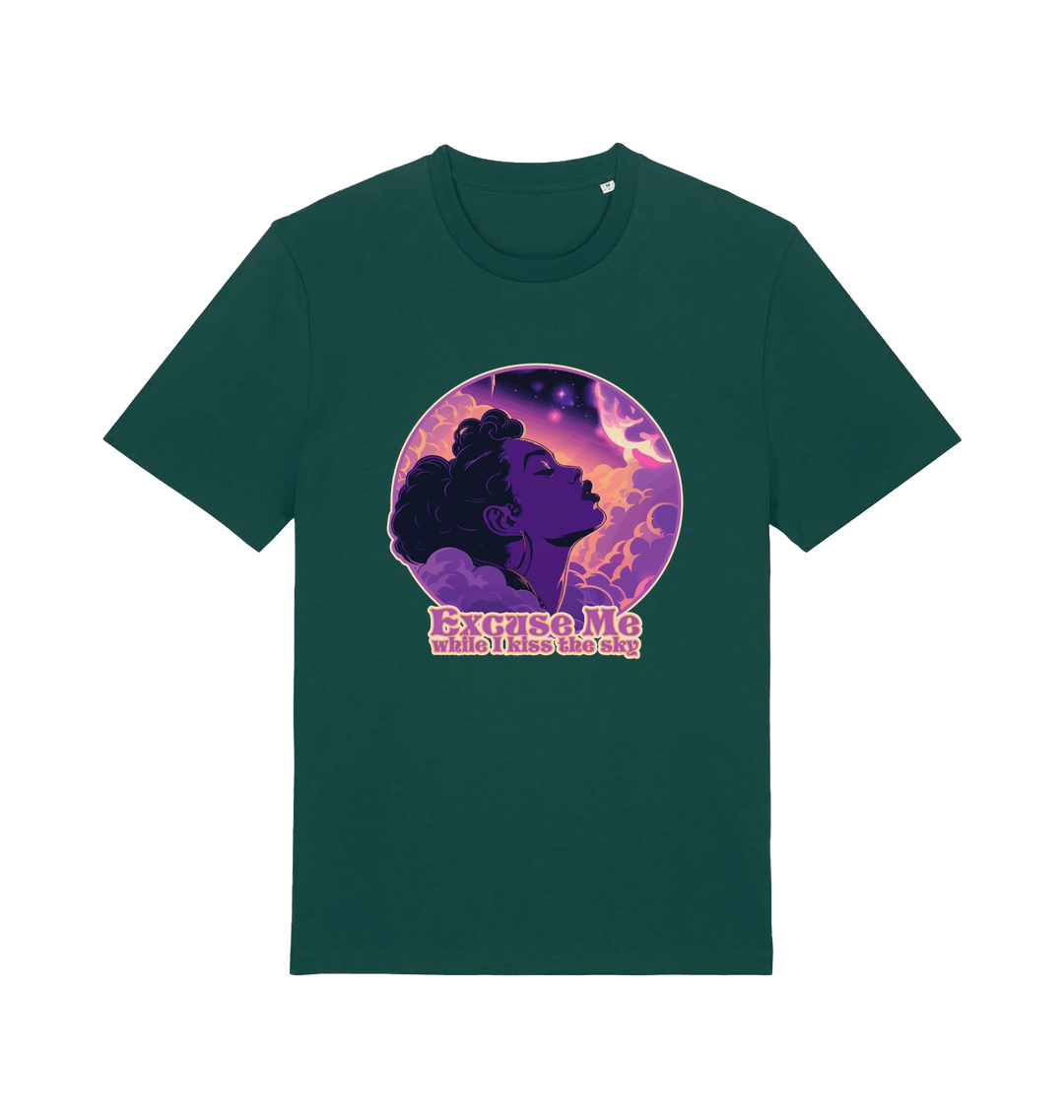 green music t-shirt with a purple graphic of a woman's profile and the slogan 'excuse me while i kiss the sky'