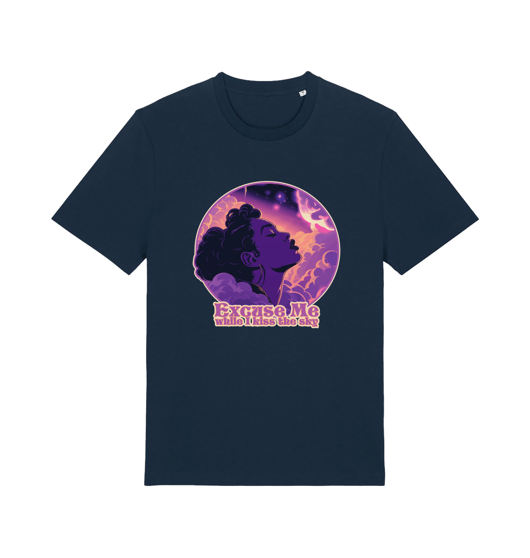 navy music t-shirt with a purple graphic of a woman's profile and the slogan 'excuse me while i kiss the sky'