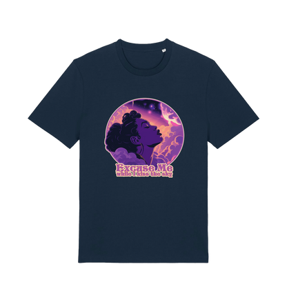 navy music t-shirt with a purple graphic of a woman's profile and the slogan 'excuse me while i kiss the sky'