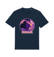 navy music t-shirt with a purple graphic of a woman's profile and the slogan 'excuse me while i kiss the sky'