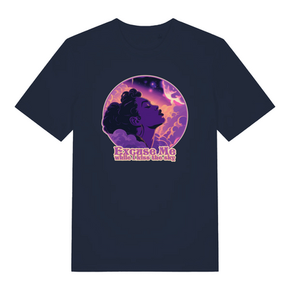 navy music t-shirt with a purple graphic of a woman's profile and 'Excuse Me while I kiss the sky' 