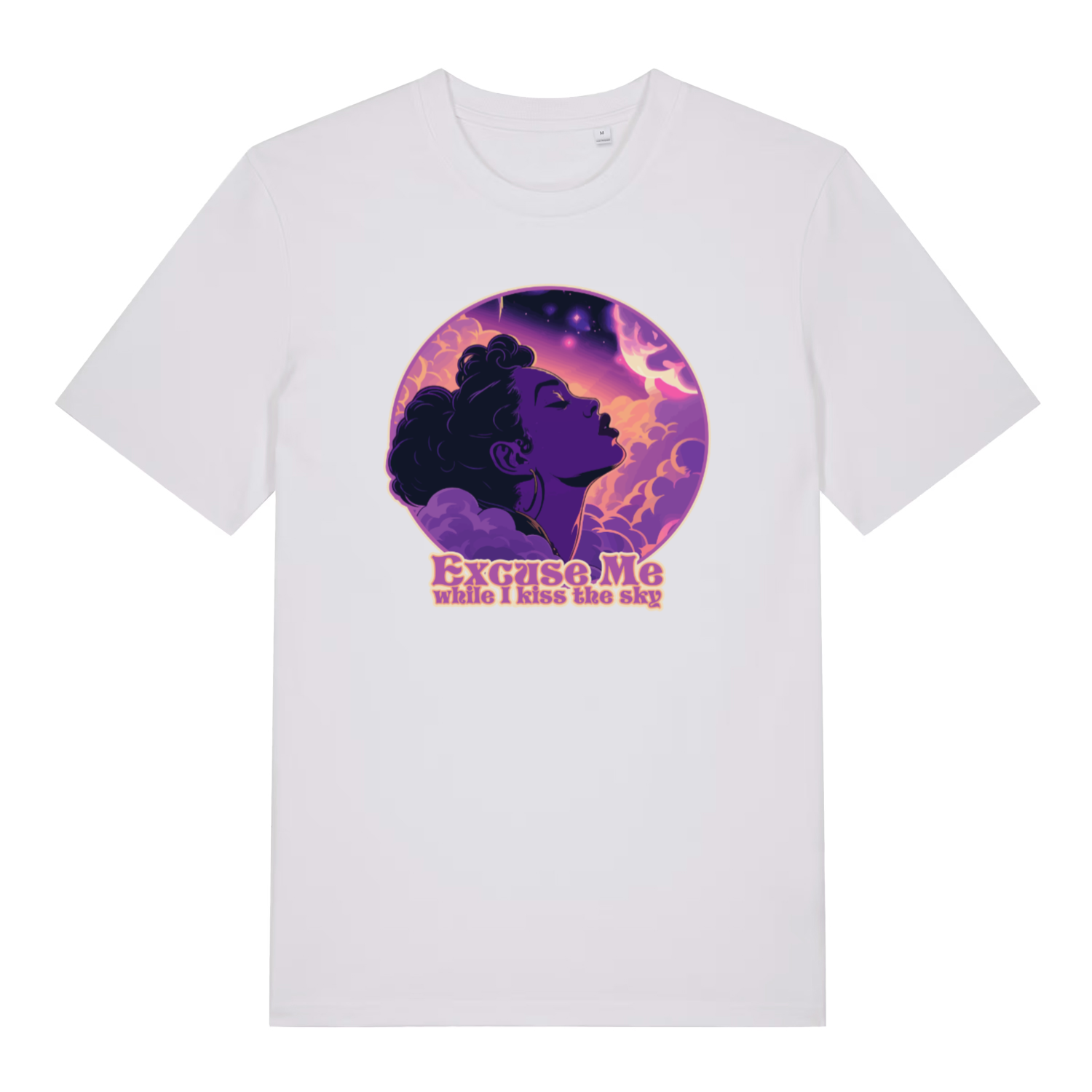 white music t-shirt with a purple graphic of a woman's profile and 'Excuse Me while I kiss the sky' 