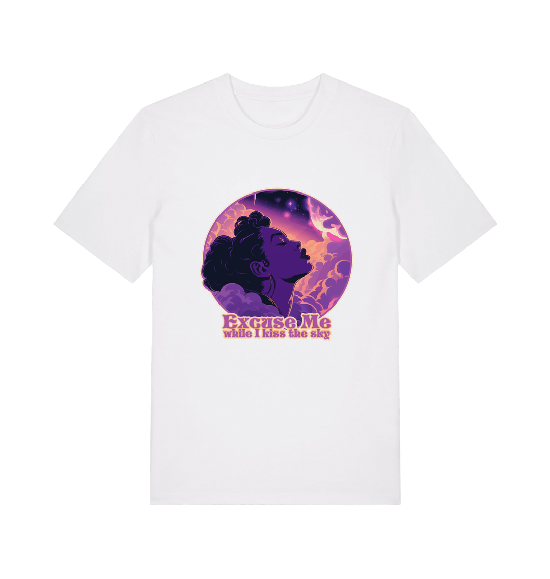 white music t-shirt with a purple graphic of a woman's profile and the slogan 'excuse me while i kiss the sky'