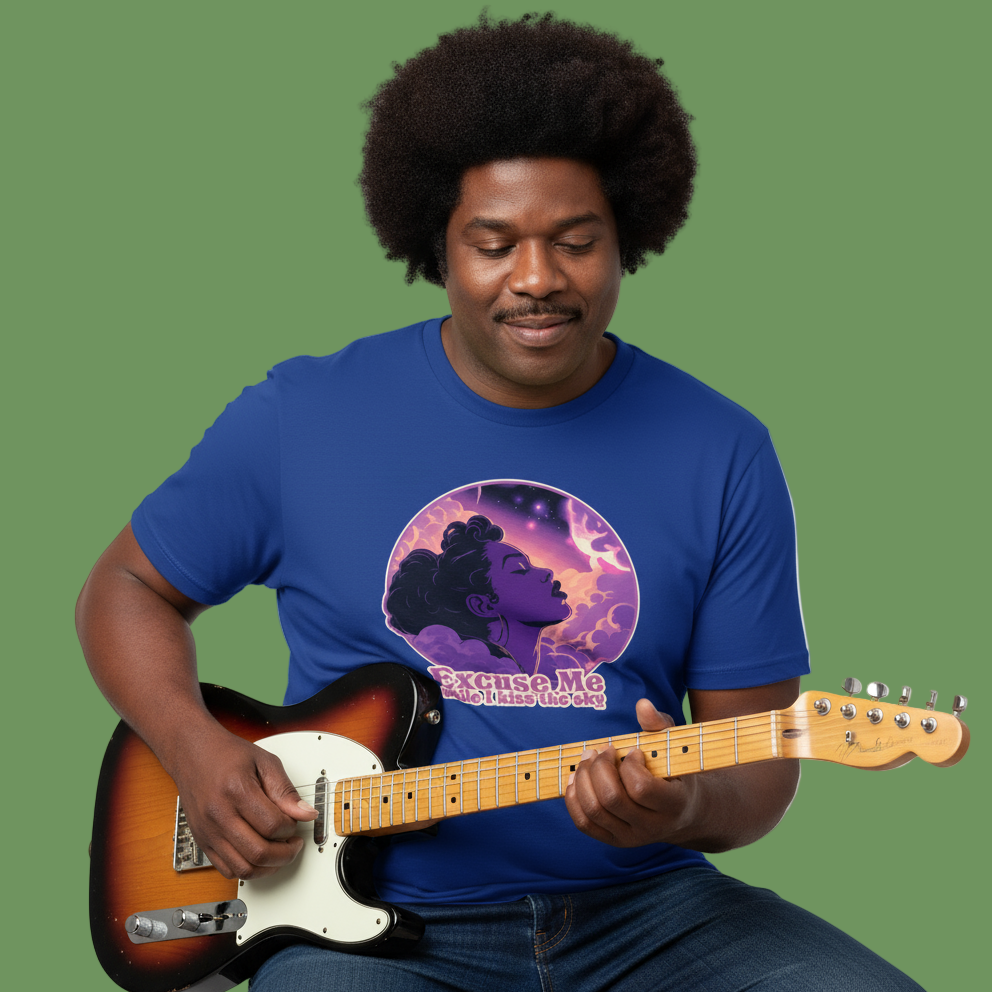 Man playing guitar wearing a blue t-shirt with a graphic design on a transparent background