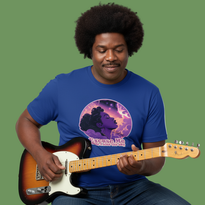 Man playing guitar wearing a blue t-shirt with a graphic design on a transparent background