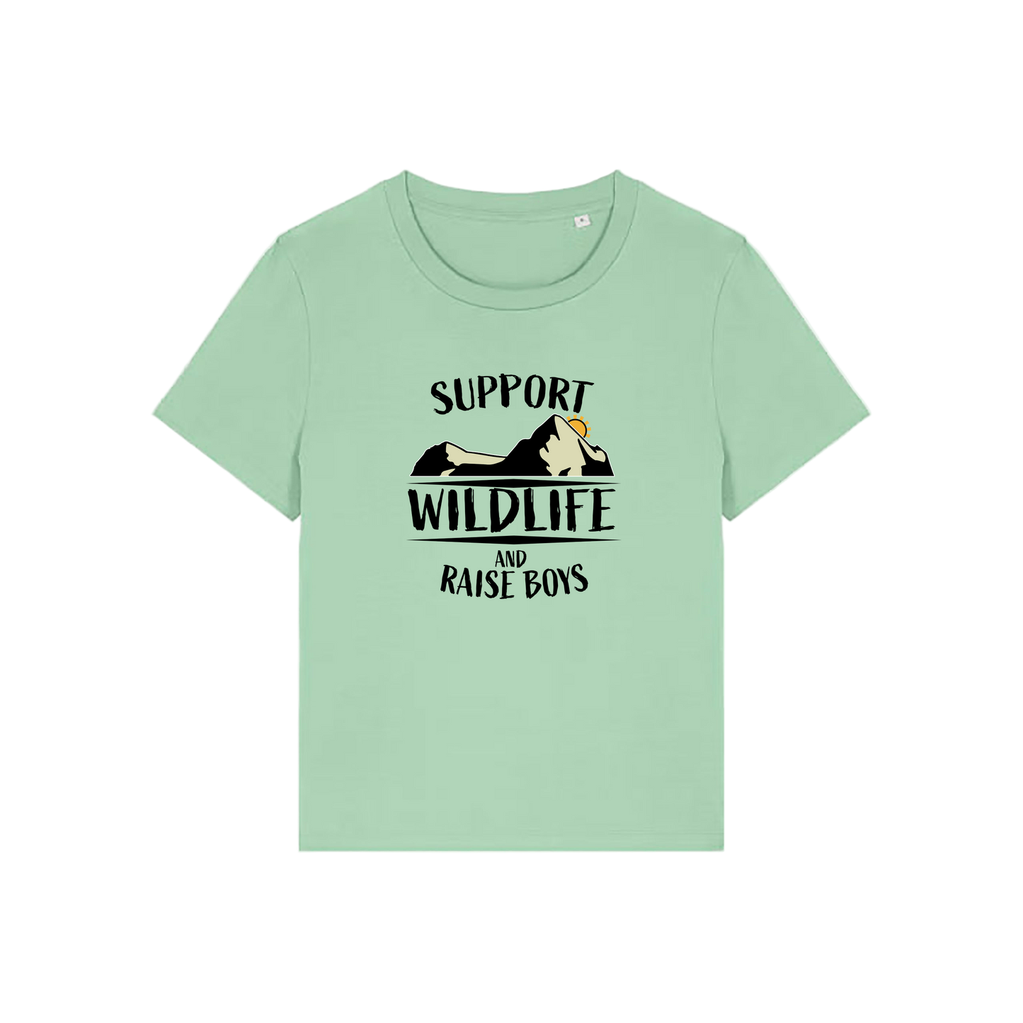 green mum t-shirt with the slogan 'support wildlife and raise boys'