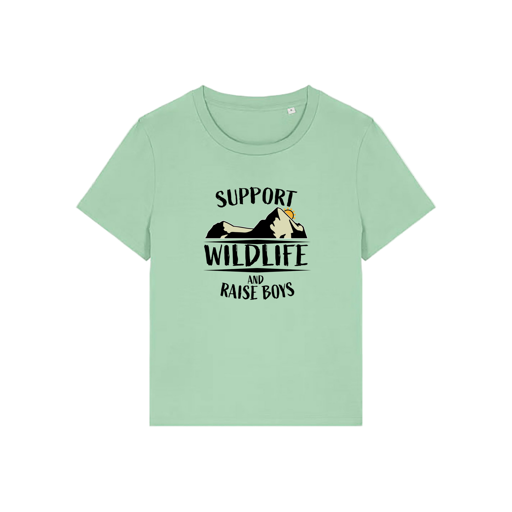 green mum t-shirt with the slogan 'support wildlife and raise boys'