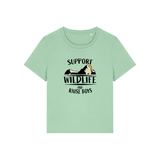 green mum t-shirt with the slogan 'support wildlife and raise boys'