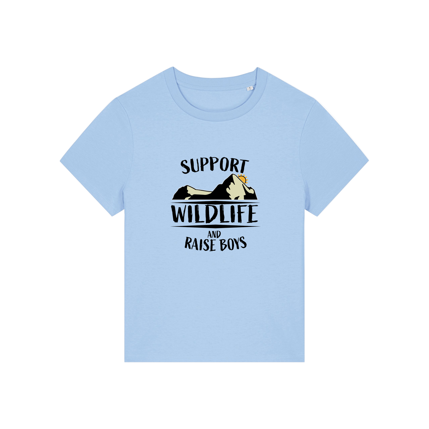light blue mum t-shirt with the slogan 'support wildlife and raise boys'