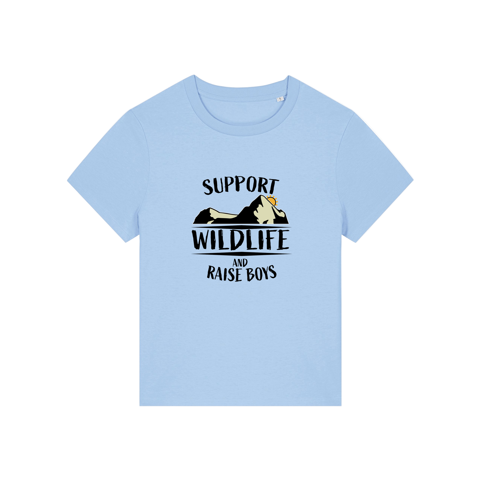 light blue mum t-shirt with the slogan 'support wildlife and raise boys'