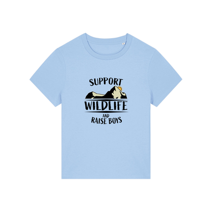 light blue mum t-shirt with the slogan 'support wildlife and raise boys'