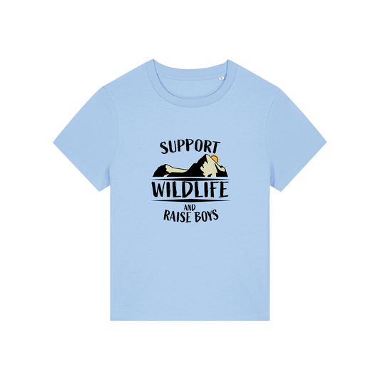 light blue mum t-shirt with the slogan 'support wildlife and raise boys'