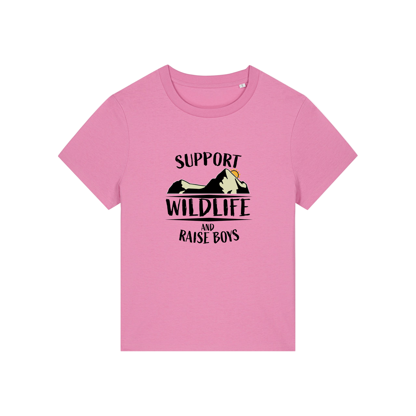 pink mum t-shirt with the slogan 'support wildlife and raise boys'