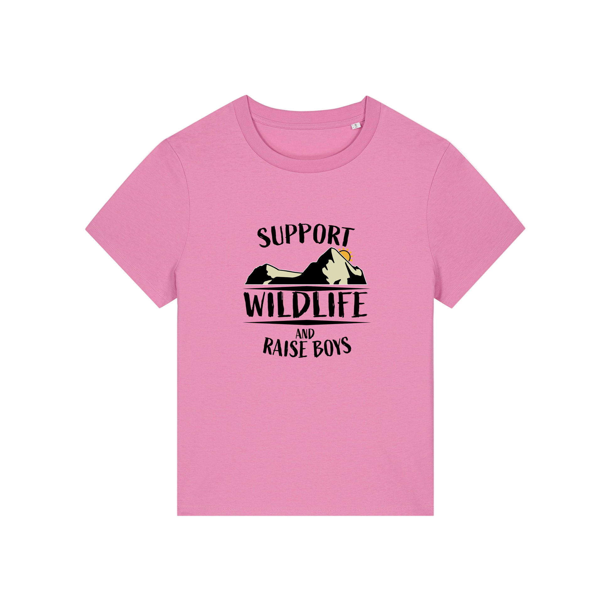 pink mum t-shirt with the slogan 'support wildlife and raise boys'