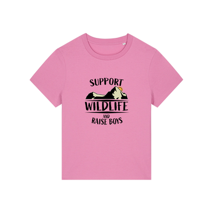 pink mum t-shirt with the slogan 'support wildlife and raise boys'