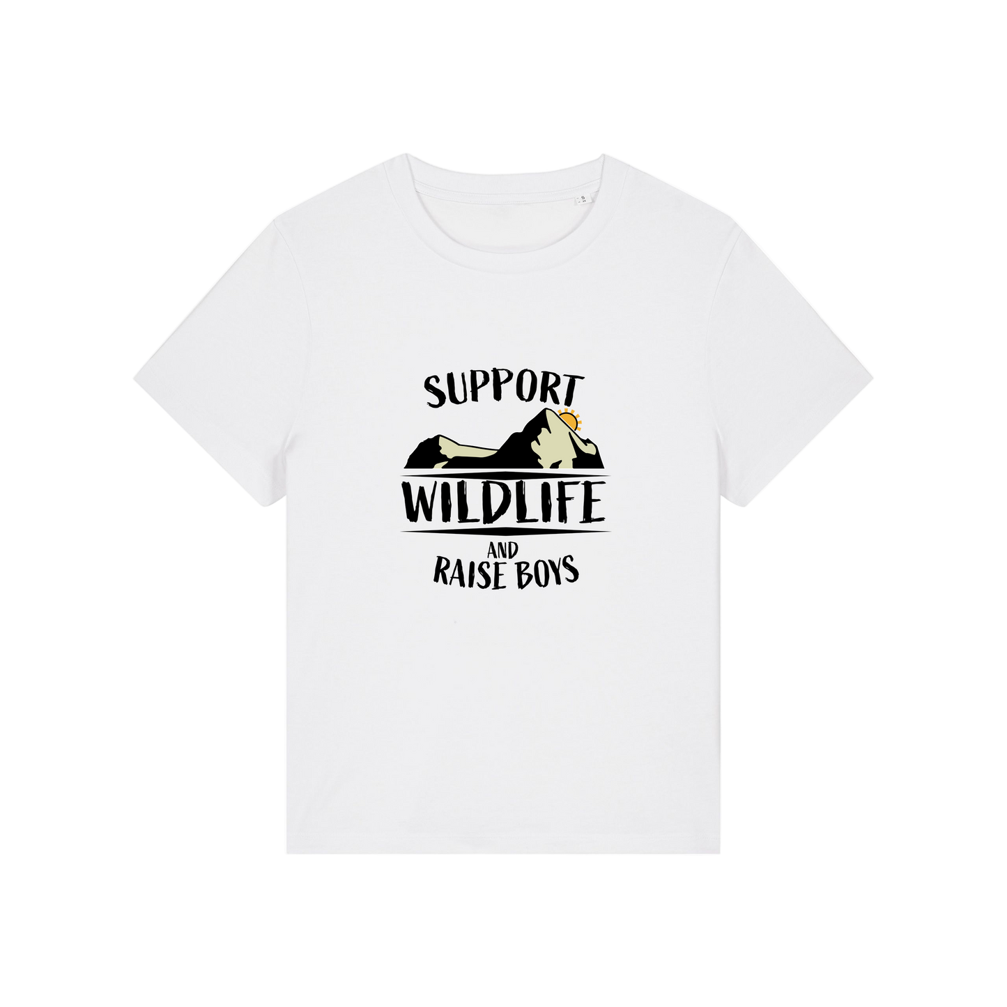white mum t-shirt with the slogan 'support wildlife and raise boys'