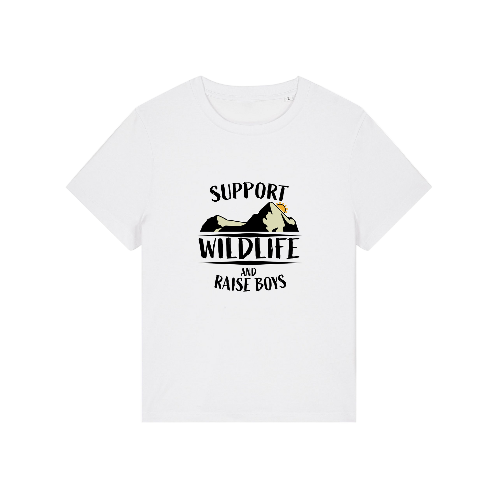 white mum t-shirt with the slogan 'support wildlife and raise boys'
