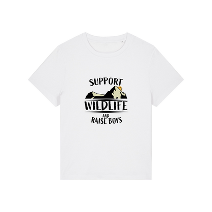 white mum t-shirt with the slogan 'support wildlife and raise boys'