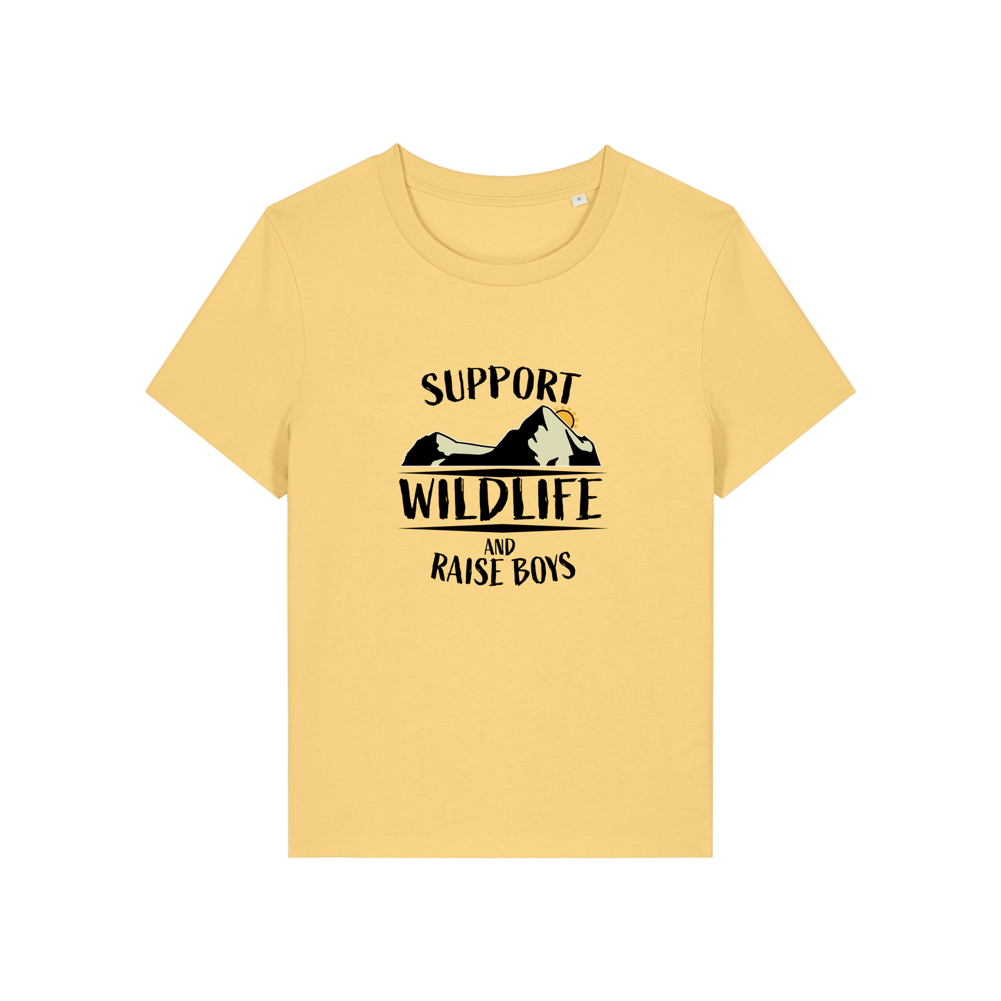 yellow mum t-shirt with the slogan 'support wildlife and raise boys'