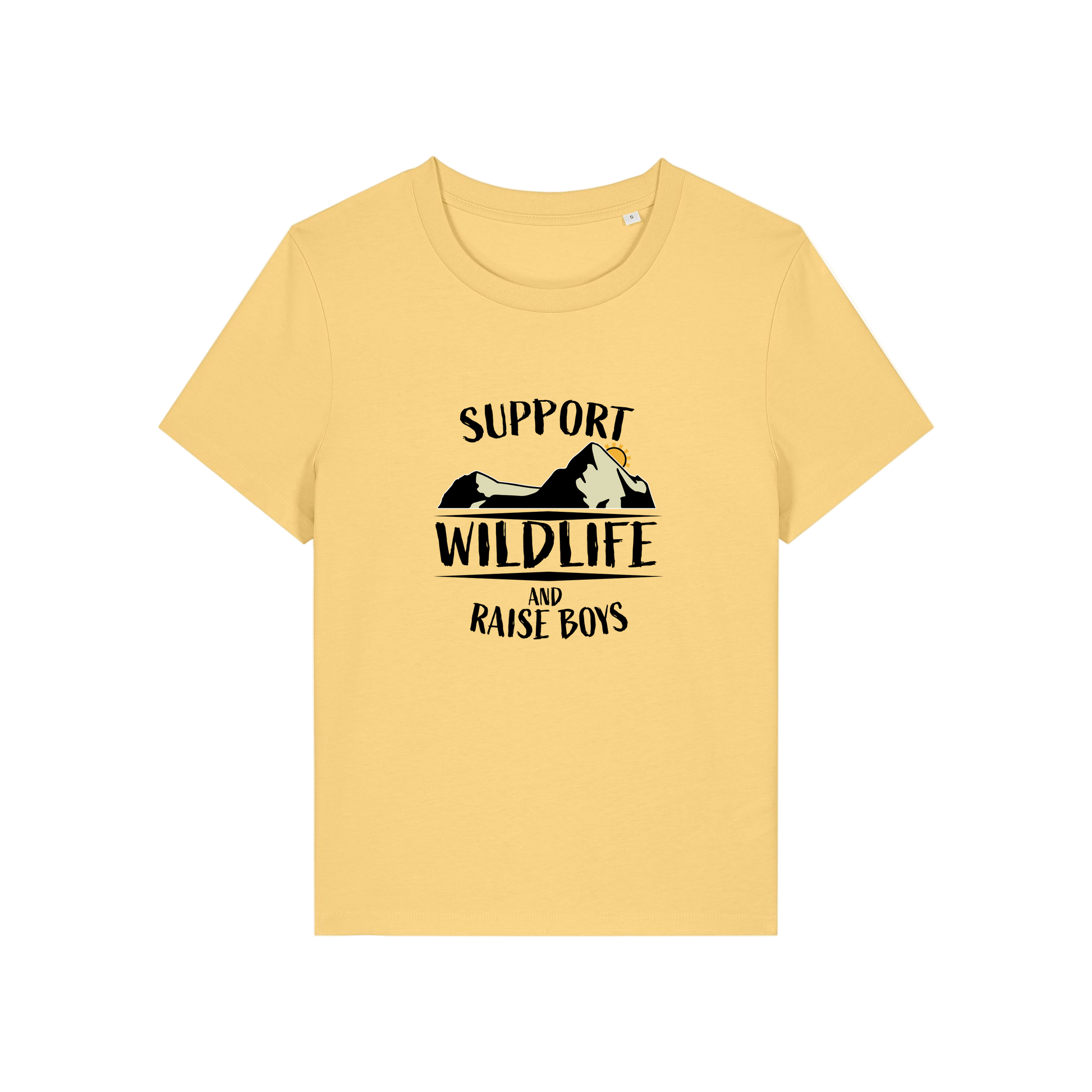 yellow mum t-shirt with the slogan 'support wildlife and raise boys'