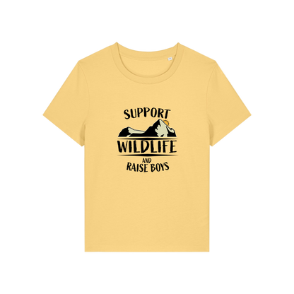yellow mum t-shirt with the slogan 'support wildlife and raise boys'