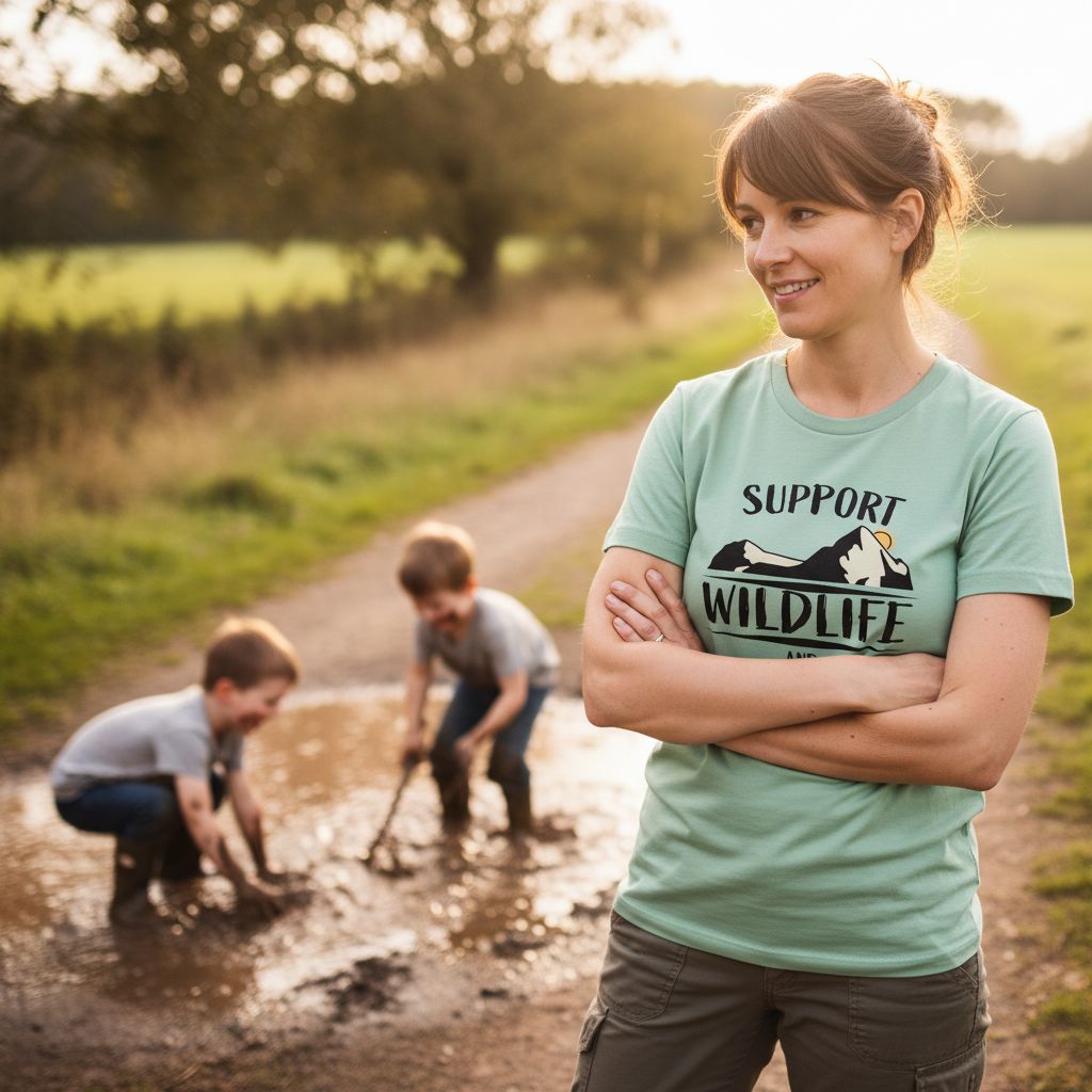 Woman standing with arms crossed wearing a 'Support Wildlife' t-shirt, with two children playing in the mud in the background.