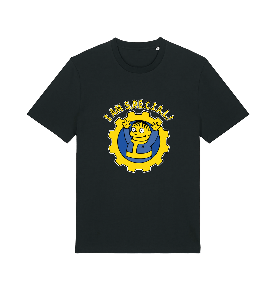 black gaming t-shirt with the graphic of ralph wiggum in a vault tec uniform and the slogan 'i am special'