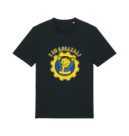 black gaming t-shirt with the graphic of ralph wiggum in a vault tec uniform and the slogan 'i am special'