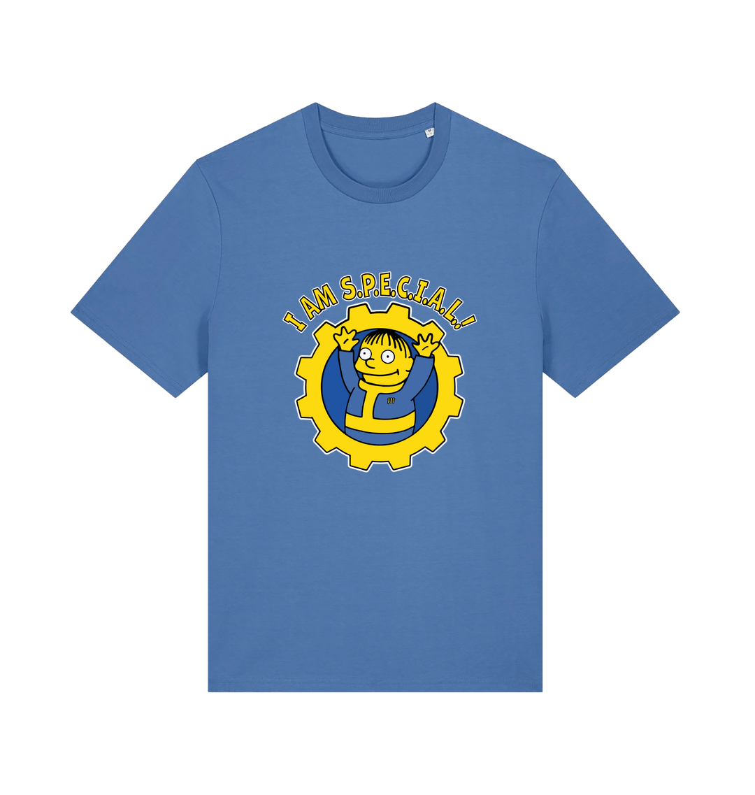 blue gaming t-shirt with the graphic of ralph wiggum in a vault tec uniform and the slogan 'i am special'