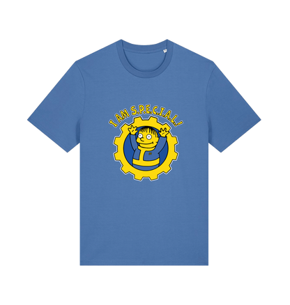 blue gaming t-shirt with the graphic of ralph wiggum in a vault tec uniform and the slogan 'i am special'