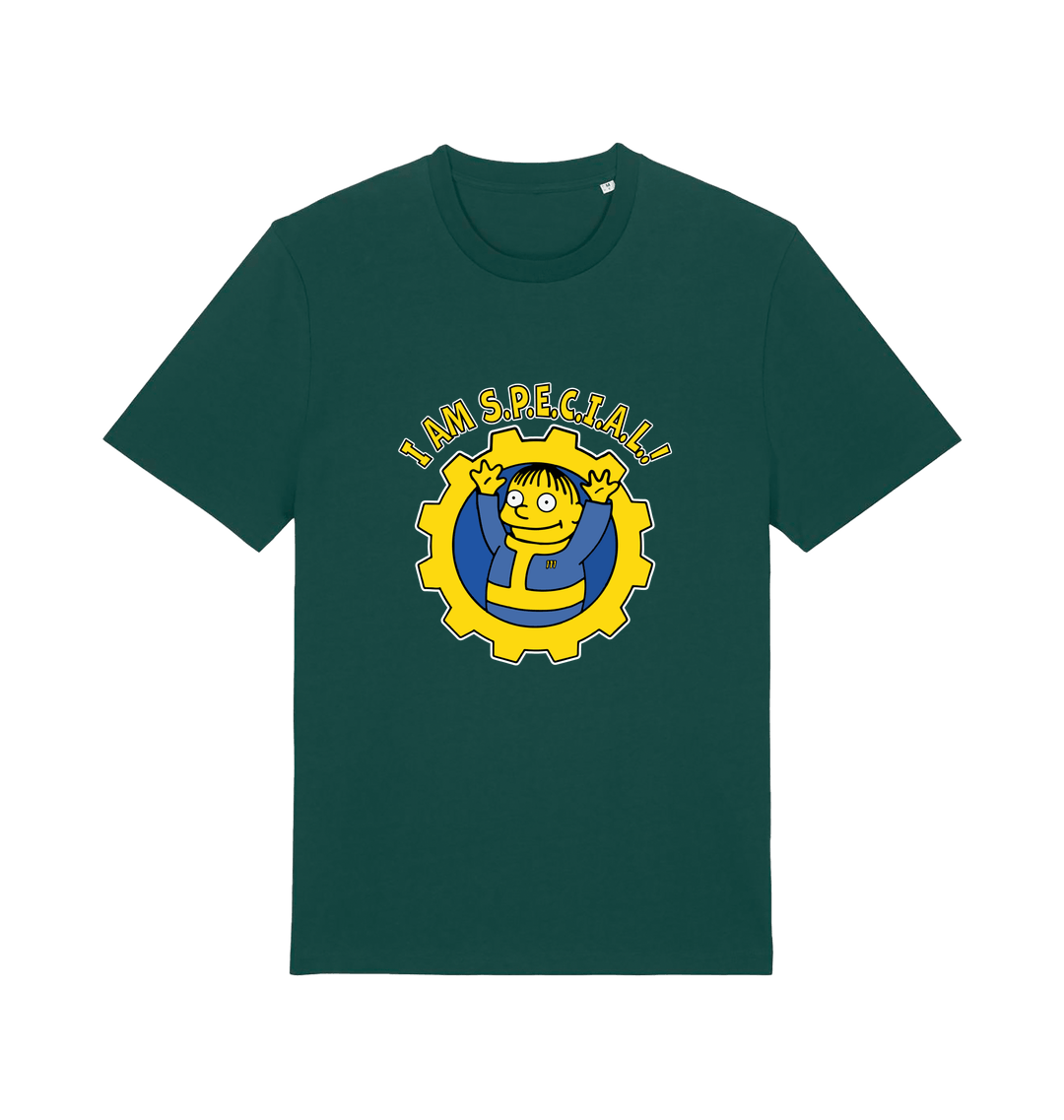green gaming t-shirt with the graphic of ralph wiggum in a vault tec uniform and the slogan 'i am special'