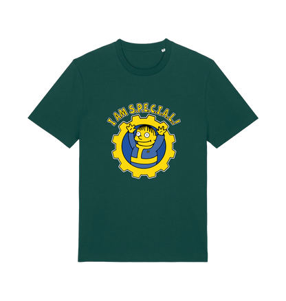 green gaming t-shirt with the graphic of ralph wiggum in a vault tec uniform and the slogan 'i am special'