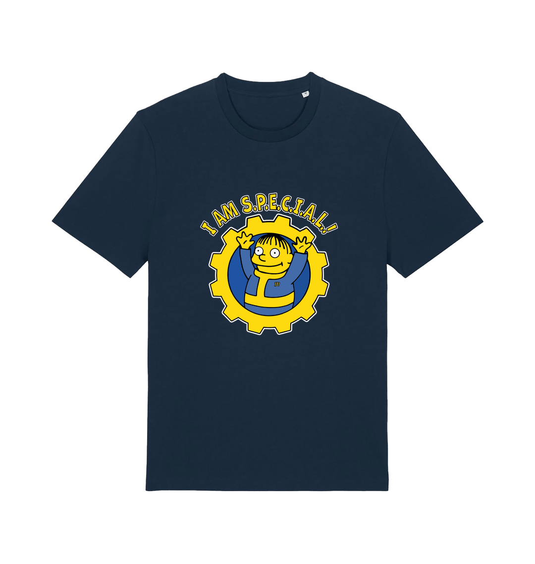navy gaming t-shirt with the graphic of ralph wiggum in a vault tec uniform and the slogan 'i am special'