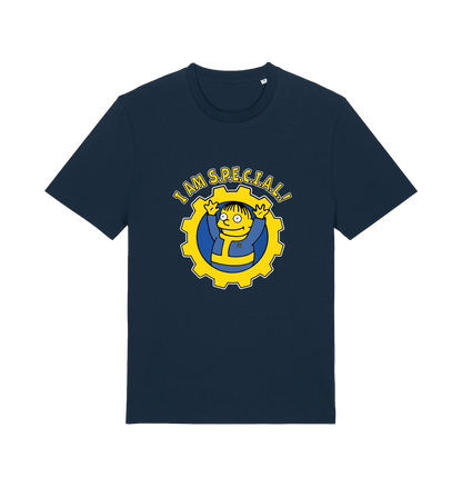 navy gaming t-shirt with the graphic of ralph wiggum in a vault tec uniform and the slogan 'i am special'