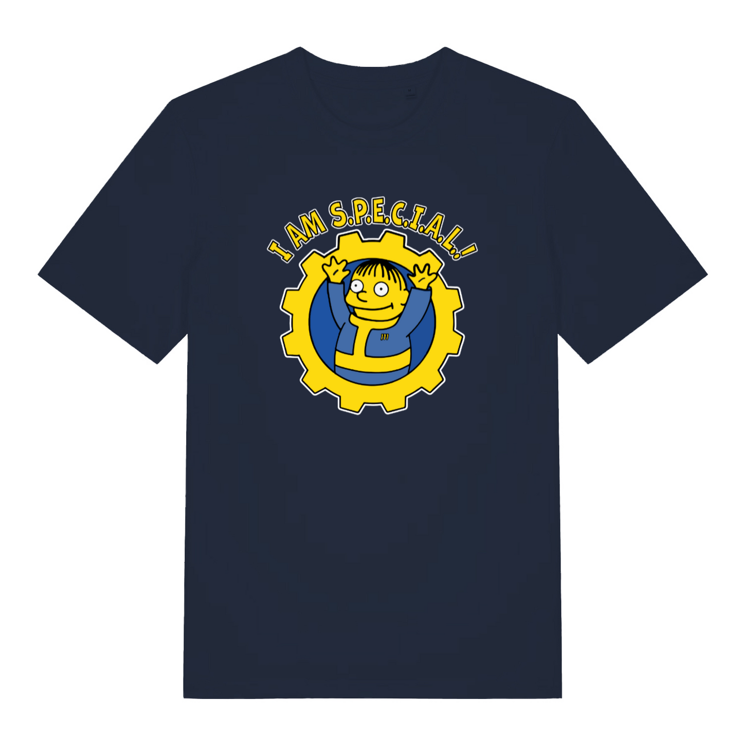 navy graphic t-shirt with the graphic of ralph wiggum in a vault tec jumpsuit and the slogan 'i am special'