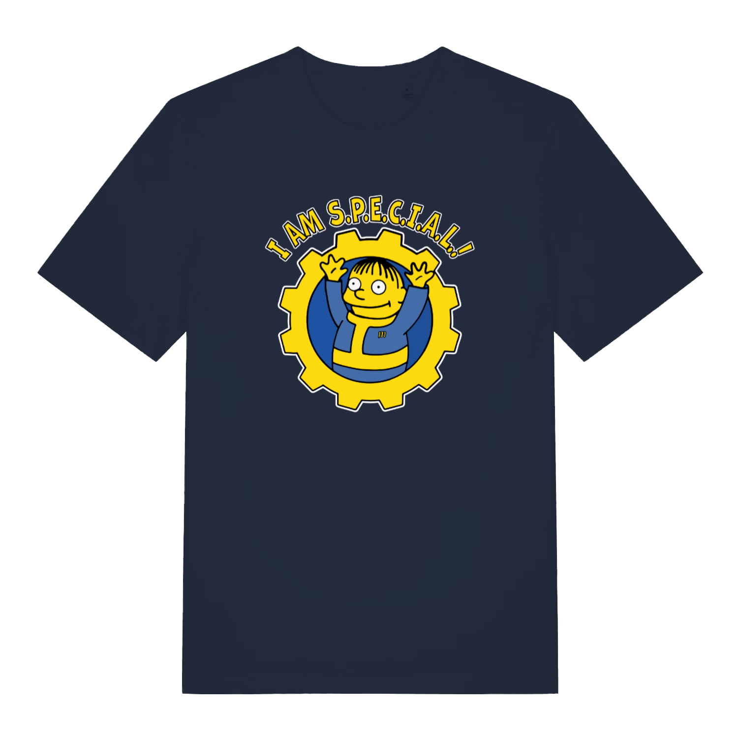 navy graphic t-shirt with the graphic of ralph wiggum in a vault tec jumpsuit and the slogan 'i am special'
