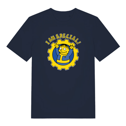 navy graphic t-shirt with the graphic of ralph wiggum in a vault tec jumpsuit and the slogan 'i am special'
