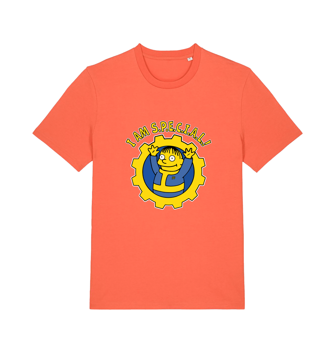 orange gaming t-shirt with the graphic of ralph wiggum in a vault tec uniform and the slogan 'i am special'
