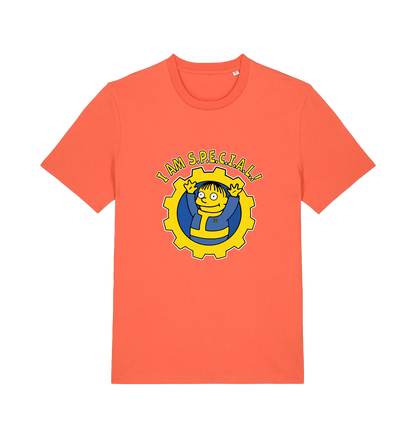 orange gaming t-shirt with the graphic of ralph wiggum in a vault tec uniform and the slogan 'i am special'