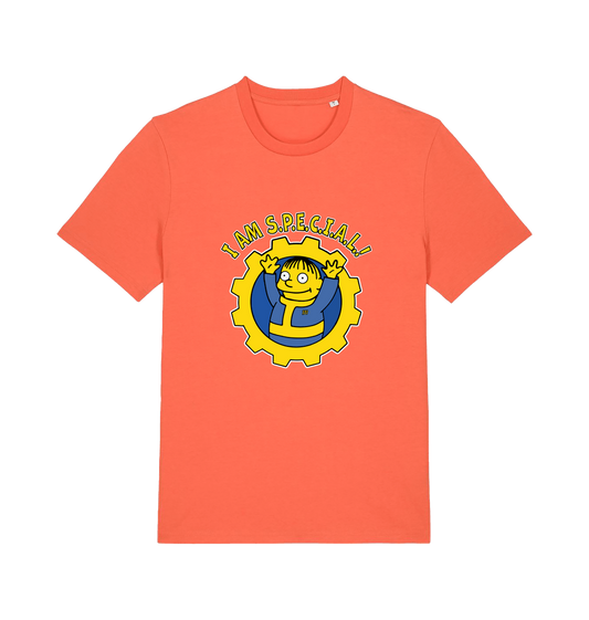 orange gaming t-shirt with the graphic of ralph wiggum in a vault tec uniform and the slogan 'i am special'